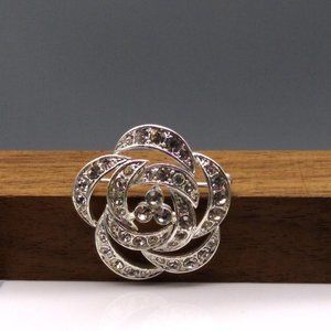 Romantic Rose Crystal Brooch, Clear Sparkle on Silver Tone, Floral Lapel Pin